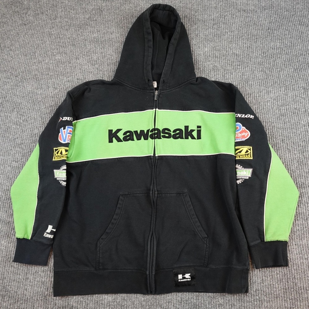Kawasaki Hoodie Mens Large Black Green Fleece Full Zip Racing Sweatshirt